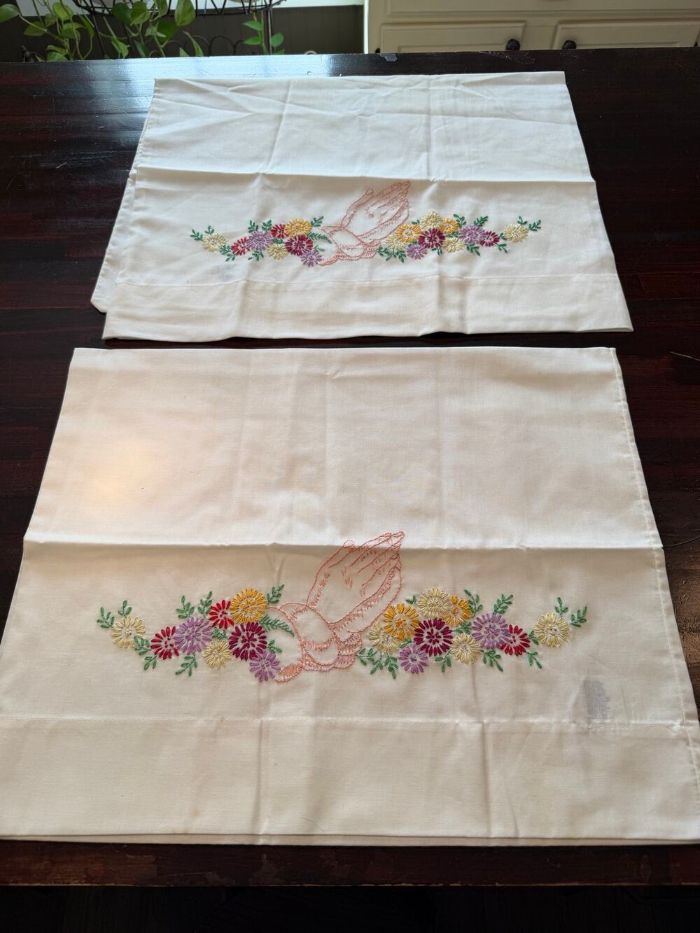 Vintage Pair Hand Embroidered Praying Hands Floral Standard White Pillowcases